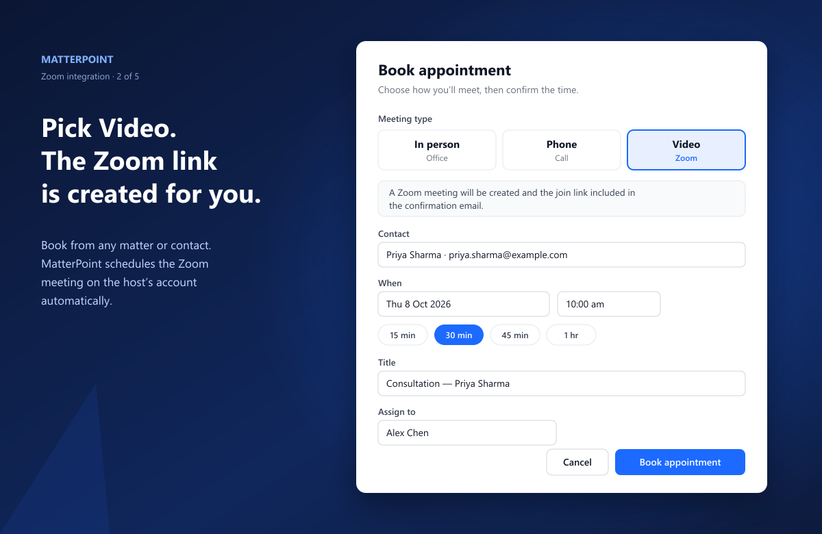 Book appointment dialog with Video (Zoom) selected
