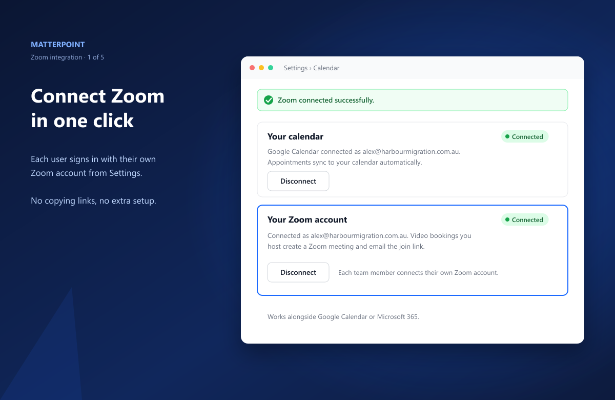 Your Zoom account section in Matter Point showing Connected