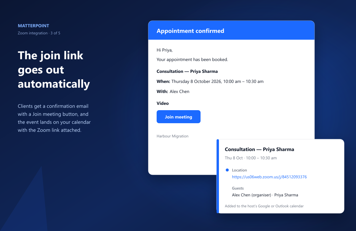 Confirmation email with Join meeting button and calendar event with Zoom link